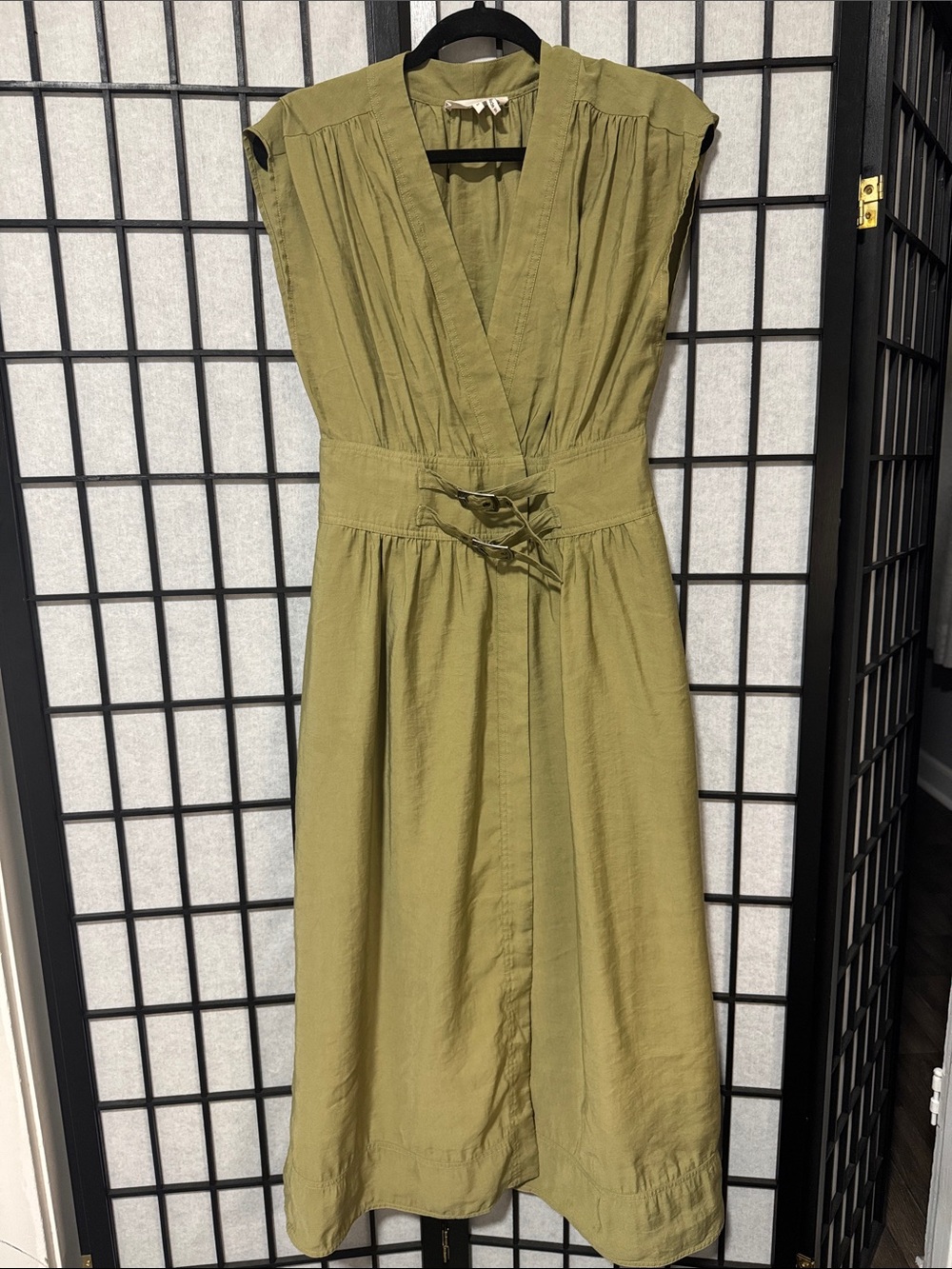 ba&sh Dove Olive Green Wrap Midi Dress with Double Buckle Waist - Picture 4 of 16